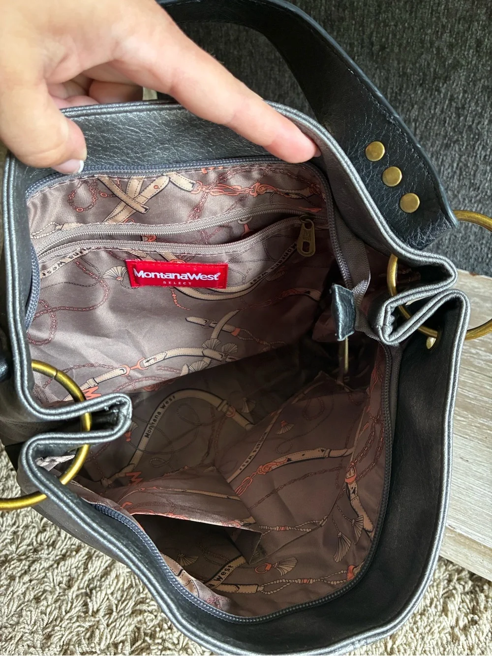 Montana West Gray and Black Shoulder Bag with Gold Accents
